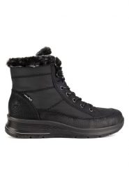 Rieker Botki L7742-00 Czarny. Czarne botki Rieker, bez wzorów, z materiału, bez obcasa, na płaskiej podeszwie, bez zapięcia. Za 335.00 zł.