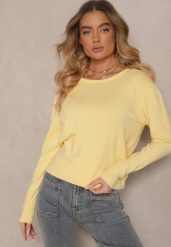 Żółty Sweter z Dodatkiem Kaszmiru Ozdobiony Ściągaczami Sanadora. Żółte swetry Renee, bez wzorów, z jeansu, bez ramiączek. Za 59.99 zł.