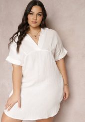 Biała Bawełniana Sukienka Mini o Pudełkowym Fasonie z Kołnierzykiem Elealla. Białe sukienki Renee, plus size, bez wzorów, z bawełny, bez kołnierzyka, plus size, bez ramiączek, mini. Za 69.99 zł.