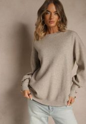 Beżowy Sweter z Wiskozą i Metalicznymi Guzikami Sidvire. Brązowe swetry Renee, bez wzorów, z jeansu, bez ramiączek. Za 109.99 zł.