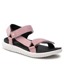 Sandały Hi-Tec. Czerwone sandały Hi-tec, bez wzorów, bez obcasa, na płaskiej podeszwie, bez zapięcia. Za 99.99 zł.