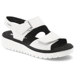 Sandały damskie Rieker, cholewka ze skóry naturalnej z materiałowym wnętrzem zapinane na rzep, białe, V1382-80. Białe sandały Rieker, bez wzorów, z materiału, biznesowe, bez obcasa, bez zapięcia. Za 329.00 zł.