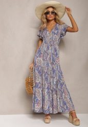 Granatowo-Beżowa Rozkloszowana Sukienka Maxi na Guziki Ozdobiona Etnicznym Wzorem Kleriala. Niebieskie sukienki Renee, na imprezę, na lato, m, bez wzorów, boho, bez kołnierzyka, bez ramiączek, maxi, rozkloszowane. Za 79.99 zł.