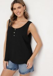 Czarny Top na Szerokich Ramiączkach Zdobiony Guzikami Jenadorea. Czarne topy Born2be, l, z aplikacjami, z jeansu, bez kołnierzyka, bez ramiączek. Za 34.99 zł.