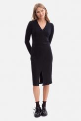 Bawełniana sukienka dzianinowa ołówkowa z dekoltem V czarna. Czarne sukienki Bewear, do pracy, s, bez wzorów, z bawełny, biznesowe, bez kołnierzyka, bez ramiączek, ołówkowe. Za 249.00 zł.