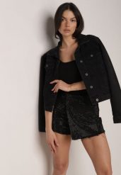 Czarne Jeansowe Spódnico-Szorty w Eleganckim Stylu z Bawełną i Cyrkoniami Delatia. Czarne szorty Born2be, z aplikacjami, z bawełny, eleganckie, z podwyższonym stanem. Za 139.99 zł.