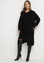 Czarny Komplet Dzianinowy z Wełną Długi Kardigan i Sukienka w Prążki Falandrea. Czarne kardigany Born2be, uniwersalny, bez wzorów, z dzianiny. Za 149.99 zł.