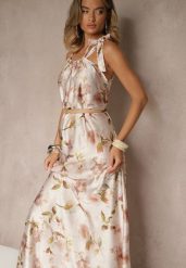 Beżowa Sukienka z Satyny w Kwiatowy Wzór Fenimea. Brązowe sukienki Renee, na imprezę, na lato, s, bez wzorów, z satyny, eleganckie, bez kołnierzyka, bez ramiączek, maxi. Za 129.99 zł.