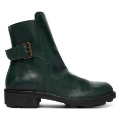 Botki Fly London. Zielone botki Fly London, bez wzorów, bez obcasa, na płaskiej podeszwie, bez zapięcia. Za 569.99 zł.
