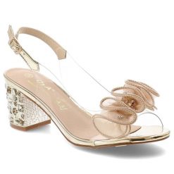 Sandały damskie S.Barski, zdobiony obcas elegancki model z profilowaną wkładką, złote, MR61-9012. Żółte sandały S.BARSKI, z aplikacjami, eleganckie, bez obcasa, na obcasie, bez zapięcia. Za 199.00 zł.