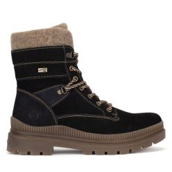 Trzewiki Remonte. Czarne botki Remonte, bez wzorów, bez obcasa, na płaskiej podeszwie, bez zapięcia. Za 399.00 zł.