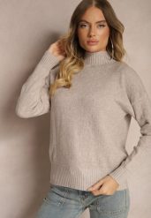 Beżowy Golf Sweter z Tłoczeniem i Ściągaczami Melovira. Brązowe golfy Renee, bez wzorów, bez ramiączek. Za 99.99 zł.