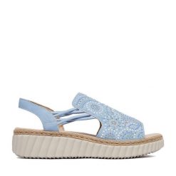 Sandały Rieker. Niebieskie sandały Rieker, bez wzorów, bez obcasa, na koturnie, bez zapięcia. Za 339.99 zł.