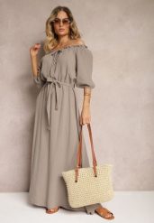 Beżowa Bawełniana Sukienka z Muślinu Wiązana przy Dekolcie z Paskiem i Gumką w Talii Tasda. Brązowe sukienki Renee, na co dzień, bez wzorów, z bawełny, bez kołnierzyka, bez ramiączek, maxi, proste. Za 159.99 zł.