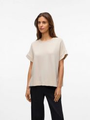 Vero Moda Koszulka w kolorze beżowym rozmiar: XS. Brązowe bluzki Vero Moda, xs, bez wzorów, bez kołnierzyka, bez ramiączek. Za 57.20 zł.