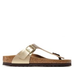 Japonki Birkenstock. Żółte klapki Birkenstock, bez wzorów, bez obcasa. Za 319.99 zł.