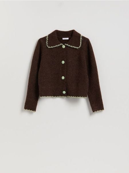 Kardigan z kołnierzykiem - brązowy. Brązowe kardigany Reserved, l, bez wzorów, z dzianiny. Za 129.99 zł.