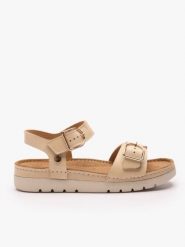 Beżowe sandały na grubszym spodzie z dwoma paskami. Brązowe sandały Ryłko, bez wzorów, ze skóry, eleganckie, z okrągłym noskiem, bez obcasa, na obcasie, bez zapięcia. Za 399.99 zł.