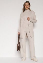 Beżowy Dzianinowy Komplet z Wiskozą Spodnie Bluzka z Półgolfem i Kardigan Vetisena. Brązowe kardigany Born2be, l, bez wzorów, z dzianiny. Za 189.99 zł.