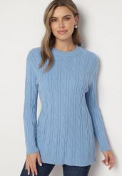 Niebieski Sweter z Wiskozą i Ozdobnym Splotem Savria. Niebieskie swetry Born2be, bez wzorów, z jeansu, bez ramiączek. Za 69.99 zł.