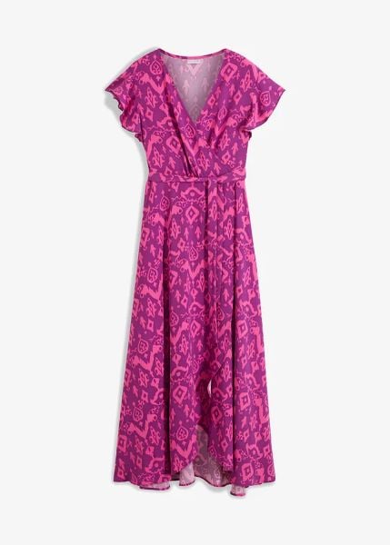 Sukienka kopertowa z nadrukiem. Fioletowe sukienki bonprix, na lato, bez wzorów, bez kołnierzyka, bez ramiączek, kopertowe. Za 229.99 zł.