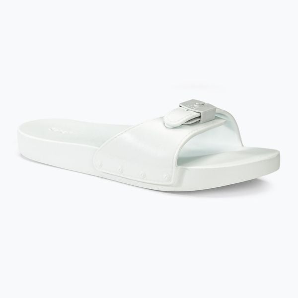 Klapki damskie Scholl Pescura Flat Aqua Eva. Białe klapki Scholl, bez wzorów, z gumy, bez obcasa. Za 119.99 zł.