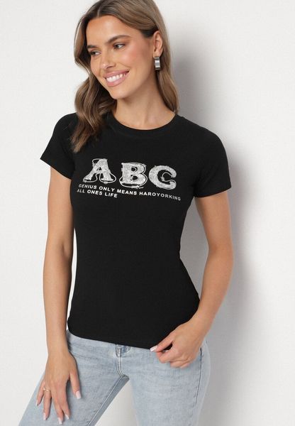 Czarny T-shirt Bawełniany z Naszywką i Cekinami Olisaria. Czarne t-shirty Born2be, m, z aplikacjami, z bawełny, bez kołnierzyka, bez ramiączek. Za 39.99 zł.