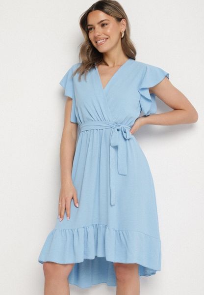 Jasnoniebieska Rozkloszowana Sukienka Ozdobiona Falbanką i Paskiem Natiellea. Niebieskie sukienki Born2be, na co dzień, na lato, bez wzorów, bez kołnierzyka, bez ramiączek, rozkloszowane. Za 69.99 zł.