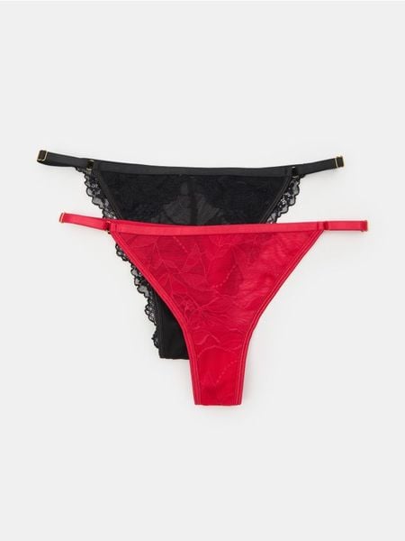 Koronkowy zestaw majtek 2-pack: stringi i brazyliany - czerwony. Czerwone stringi Sinsay, bez wzorów, z koronki. Za 19.99 zł.