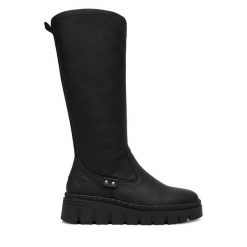 Kozaki Rieker. Czarne kozaki Rieker, bez obcasa, na koturnie, bez zapięcia. Za 429.99 zł.