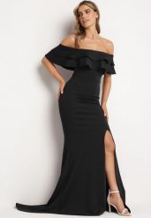 Czarna Elegancka Sukienka Typu Hiszpanka z Rozkloszowanym Dołem i Wycięciami Tumini. Czarne sukienki Born2be, na lato, m, bez wzorów, z dzianiny, eleganckie, bez kołnierzyka, bez ramiączek, maxi, rozkloszowane. Za 159.99 zł.