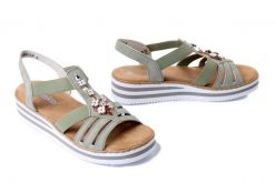 RIEKER V0245-52 green, sandały damskie. Zielone sandały Rieker, bez wzorów, bez obcasa, na koturnie, bez zapięcia. Za 319.90 zł.