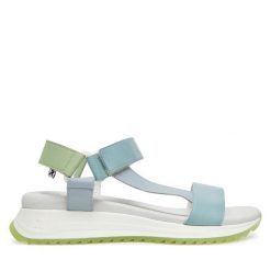 Sandały Rieker. Niebieskie sandały Rieker, bez wzorów, bez obcasa, na koturnie, bez zapięcia. Za 349.99 zł.