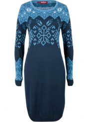 Sukienka dzianinowa w norweski wzór. Niebieskie sukienki bonprix, bez wzorów, z dzianiny, bez kołnierzyka, bez ramiączek. Za 134.99 zł.
