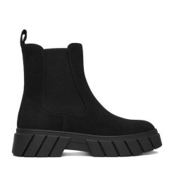 Sztyblety JENNY. Czarne botki Jenny, bez wzorów, bez obcasa, na płaskiej podeszwie, bez zapięcia. Za 149.99 zł.