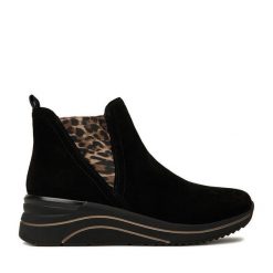 Botki Remonte. Czarne botki Remonte, bez wzorów, bez obcasa, bez zapięcia. Za 419.99 zł.