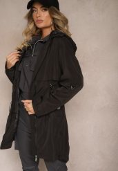 Czarna Kurtka Parka z Odpinanym Kapturem i Troczkiem w Talii Labiana. Czarne kurtki Renee, l, z materiału. Za 174.99 zł.