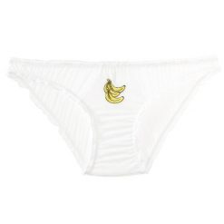 Figi z haftem owocowym z delikatnego materiału Anjana. Białe figi Intica, s, bez wzorów, ze skóry. W wyprzedaży za 59.00 zł.
