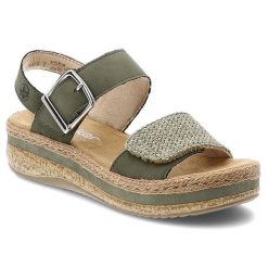 Sandały damskie Rieker, cholewka ze skóry naturalnej i materiału tekstylnego szeroki pasek z przodu, zielone, V0951-54. Zielone sandały Rieker, bez wzorów, ze skóry, bez obcasa, na koturnie, bez zapięcia. Za 349.00 zł.
