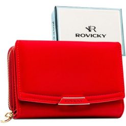 Czerwony, średni portfel damski ze skóry ekologicznej zamykany na zatrzask - Rovicky. Czerwone portfele ROVICKY, bez wzorów, ze skóry ekologicznej. Za 79.99 zł.