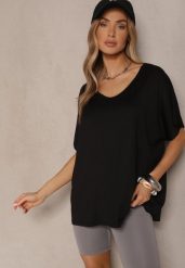 Czarny T-shirt z Wiskozą w Stylu Nietoperza Liofala. Czarne t-shirty Renee, bez wzorów, z jeansu, bez kołnierzyka, bez ramiączek. Za 49.99 zł.