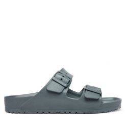Klapki Birkenstock. Szare klapki Birkenstock, bez wzorów, bez obcasa. Za 229.99 zł.