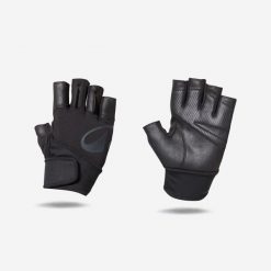 Rękawiczki do treningu siłowego Domyos. Czarne rękawiczki CORENGTH, bez wzorów, z materiału, sportowe. Za 79.99 zł.