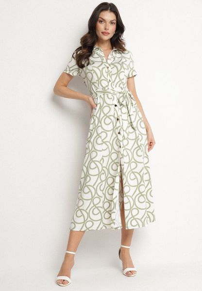 Zielona Koszulowa Sukienka z Wiskozą w Geometryczny Wzór Sarilissa. Zielone sukienki Born2be, na co dzień, l, bez wzorów, z jeansu, eleganckie, bez kołnierzyka, bez ramiączek, koszulowe. Za 159.99 zł.