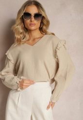 Beżowa Bawełniana Bluzka z Trójkątnym Dekoltem i Ozdobną Falbanką Redsta. Brązowe bluzki Renee, l, bez wzorów, z bawełny, eleganckie, bez kołnierzyka, bez ramiączek. W wyprzedaży za 59.49 zł.