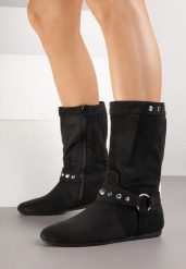 Czarne Botki w Stylu Biker Ozdobione Nitami Biolie. Czarne botki Born2be, z aplikacjami, z jeansu, bez obcasa, na płaskiej podeszwie, bez zapięcia. Za 139.99 zł.