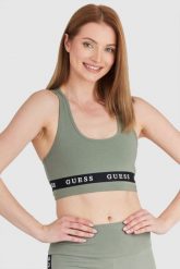 GUESS Zielony top sportowy damski z logo, Rozmiar M. Zielone koszulki sportowe Guess, z aplikacjami, bez ramiączek. W wyprzedaży za 139.99 zł.