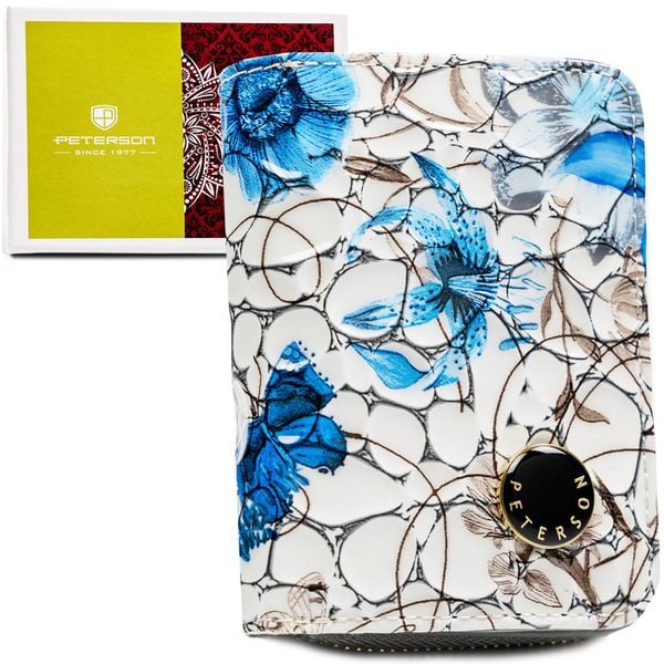 Niebieski, poręczny portfelik damski ze skóry naturalnej z systemem RFID, zamykany zatrzaskiem i suwakiem PTN PH33-LFL Peterson. Niebieskie portfele Peterson, bez wzorów, ze skóry. Za 66.99 zł.