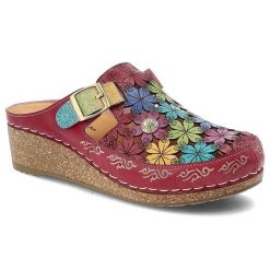 Klapki damskie Laura Vita, na koturnie kolorowy wzór kwiatowy regulowany pasek wygodna podeszwa casualowy styl, czerwone, 01 AJ180B-1. Czerwone klapki Laura Vita, bez wzorów, bez obcasa, na koturnie. Za 339.00 zł.