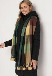 Zielony Prostokątny Szalik z Kolorowymi Pomponami Komo. Zielone szaliki Born2be, bez wzorów, z bawełny. Za 44.99 zł.